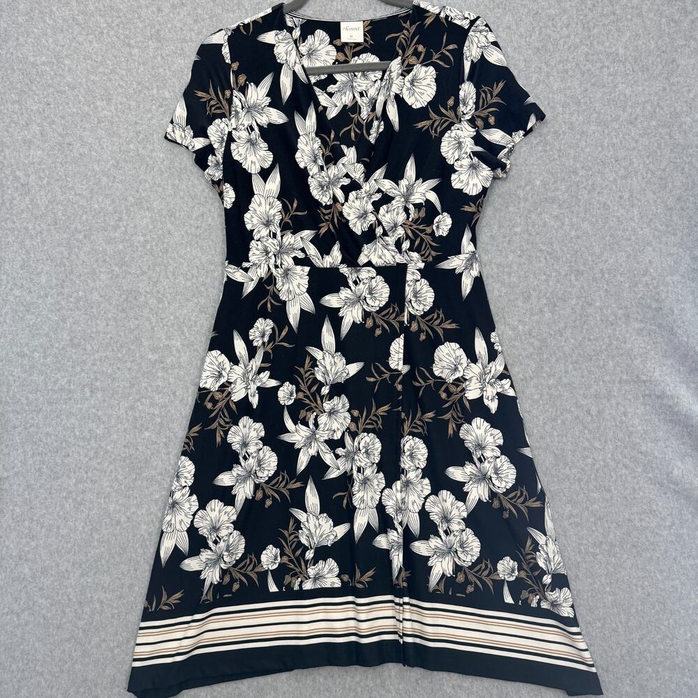 Soma Tropical Floral Mock Wrap Dress Size M Black White Soft Knit Coastal Beach
